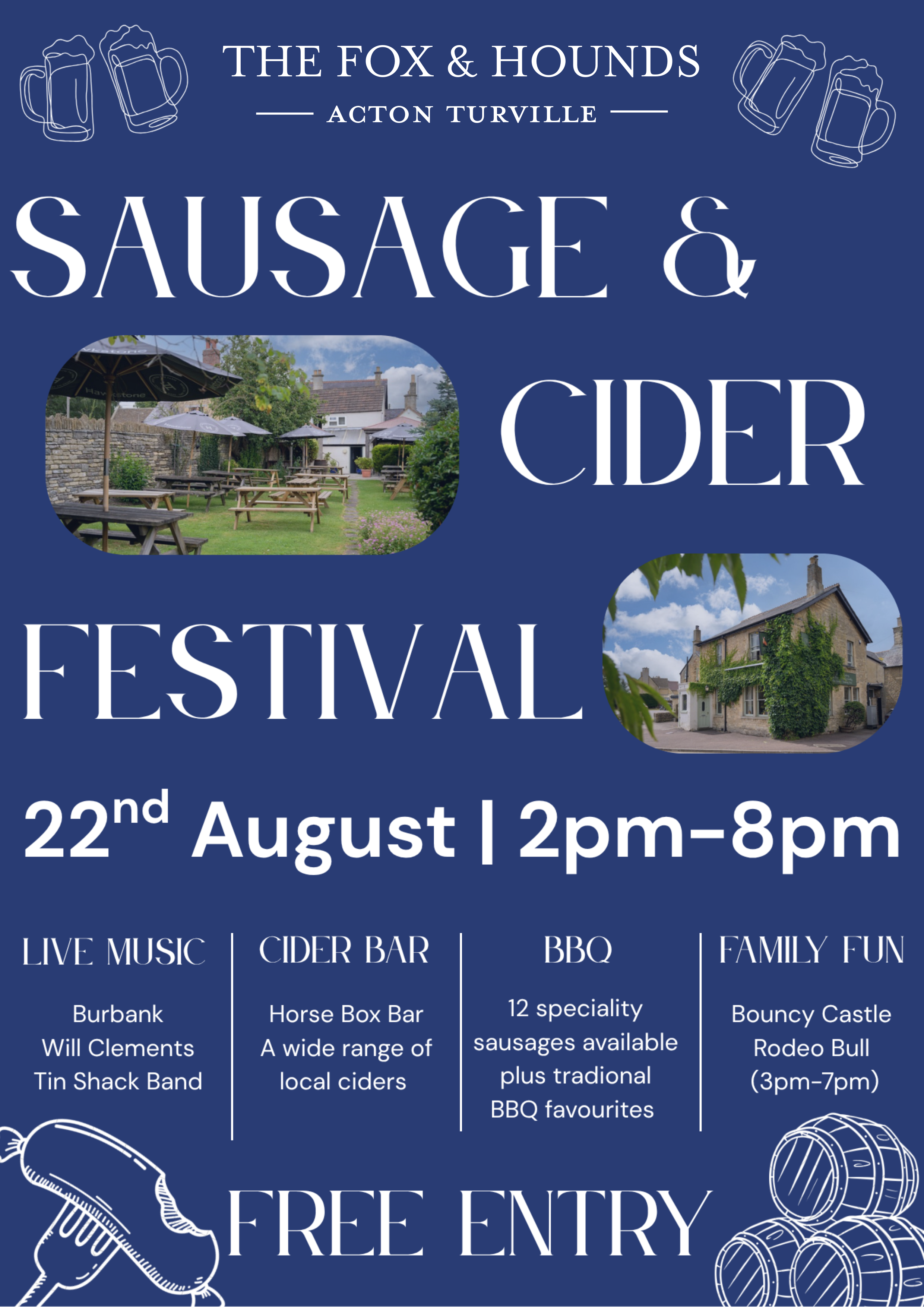 Sausage and Cider Festival poster - 22nd August, 2pm to 8pm, live music, cider bar, BBQ and family fun